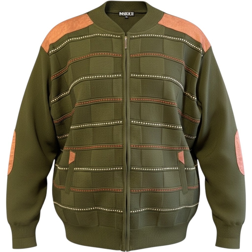 Inserch Olive Green Zip-Up Sweater Jacket W/ Suede Elbow Patches 2XL